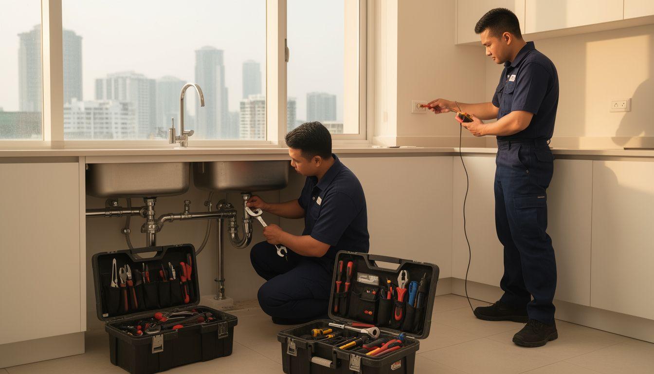 Editly technicians repairing a sink and testing a socket in a KL condominium kitchen