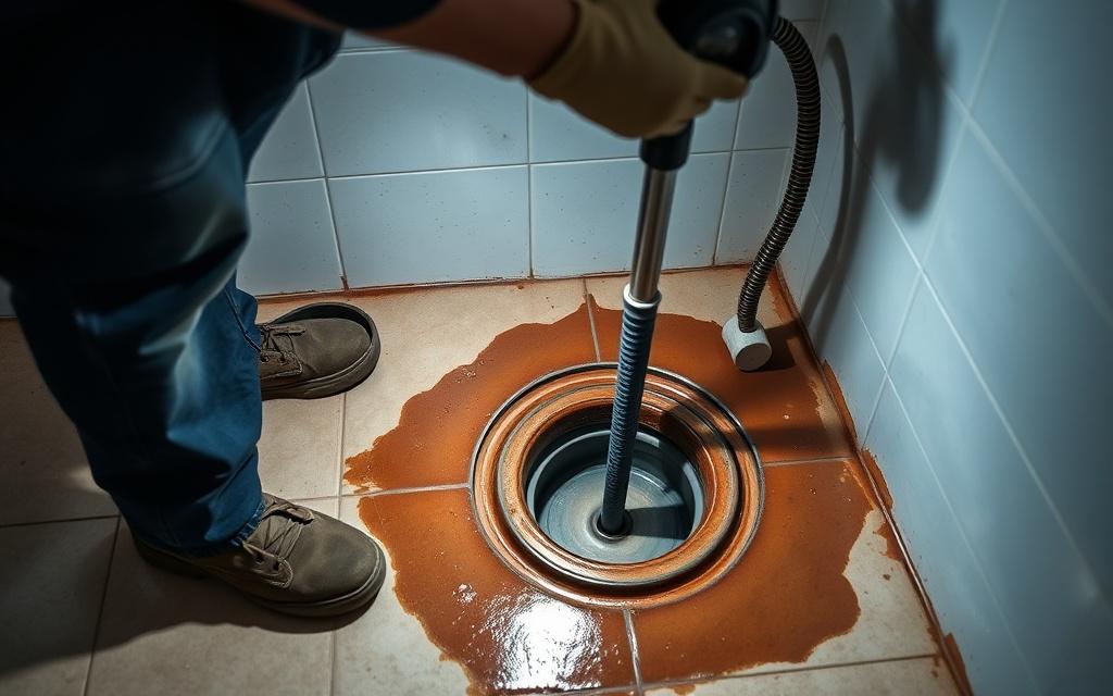 Technician clearing a blocked floor drain with an auger machine