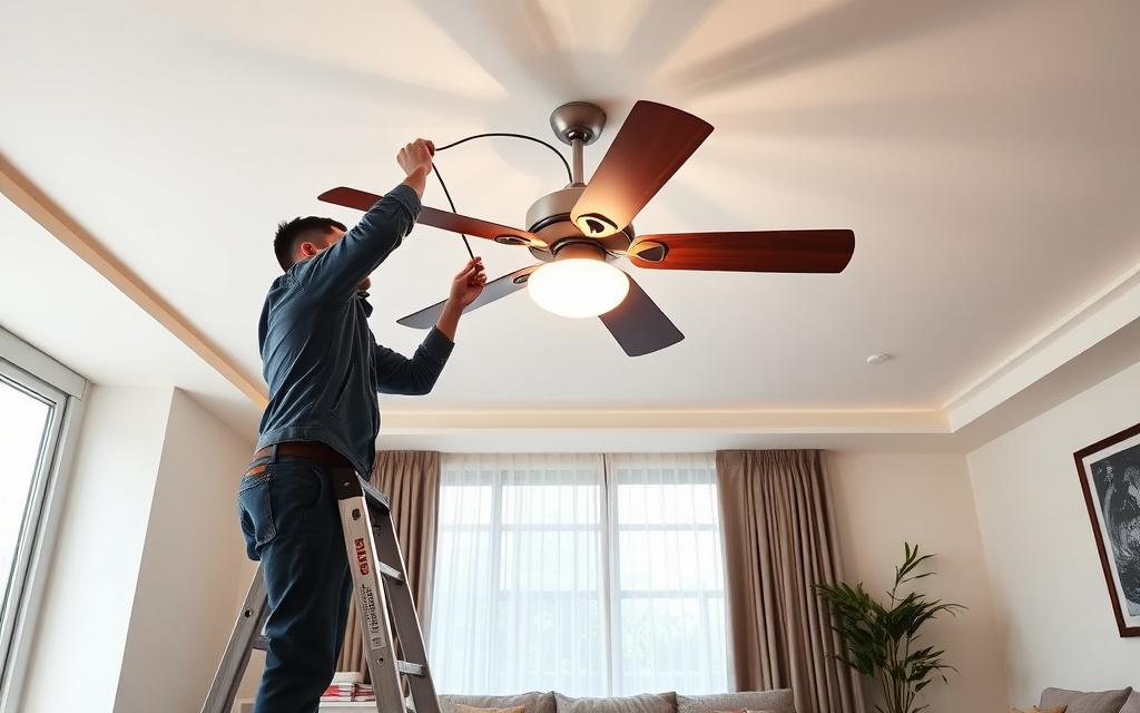 Technician installing a ceiling fan with light kit in a KL living room