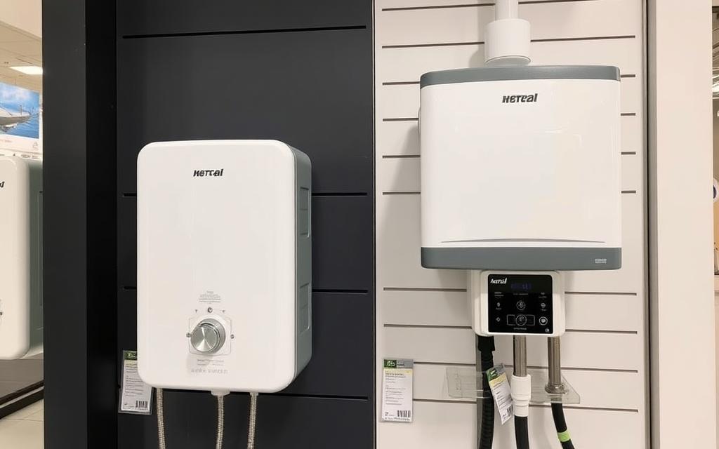 Instant and storage water heaters displayed side by side