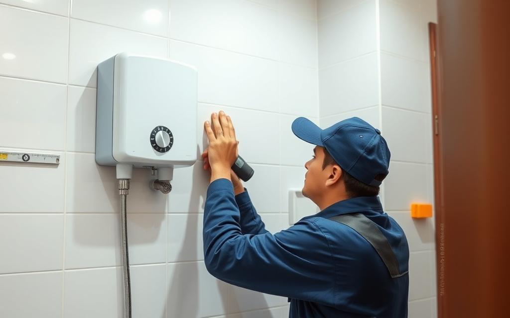 Electrician mounting an instant water heater on a tiled bathroom wall