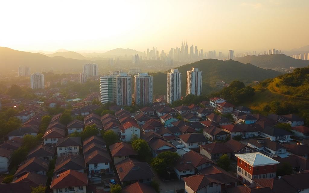 Kuala Lumpur residential rooftops at dusk with the city skyline behind