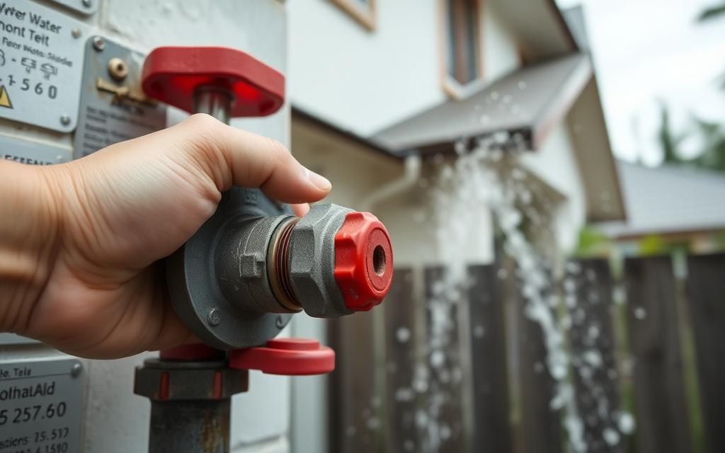 Hand closing the main water valve at a house water meter
