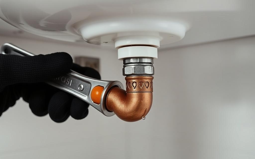 Technician sealing a leaking copper joint under a bathroom sink