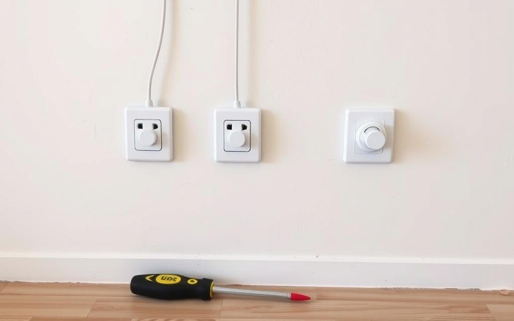Row of new sockets and switches installed flush and level