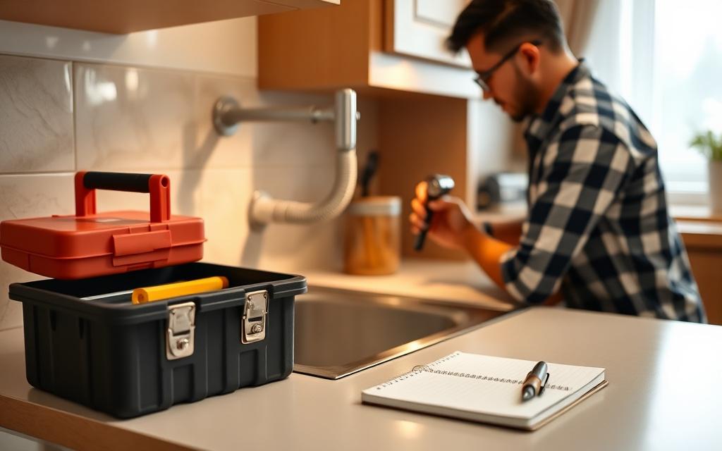 Homeowner inspecting the hose under a kitchen sink with a flashlight